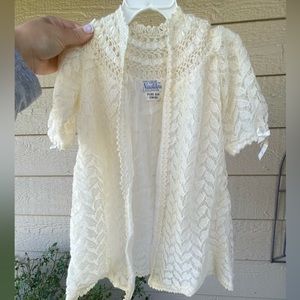 100% silk wool baby Lace Baptism cardigan- Creme Vintage layette with bow/ribbon